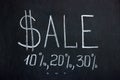 Chalkboard lettering SALE with dollar sign, discount percentages 10,20,30 and three dots