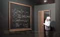 Chalkboard with math formulas and Einstein model.