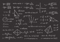 Chalkboard in mathematical formulas and calculations illustration. Algebraic computation with chalk geometric drawings