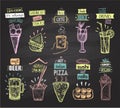 Chalkboard menus set with ice cream, fresh juice, sandwiches, cold drinks, craft beer, china food