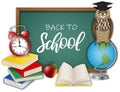 back to school illustration with chalkboard, stack of books, apple, open book, alarm clock, globe and owl Royalty Free Stock Photo