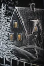 Chalkboard with painted winter village scene