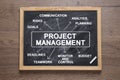 Chalkboard with project management scheme on background, top view