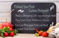 Chalkboard with Reducing your food carbon footprint heading and list of ways to reduce carbon pollution