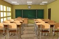 Chalkboard with Rows of Wooden Lecture School or College Desk Ta