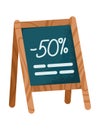 Chalkboard sign with 50 off discount offer. Wooden frame sidewalk signage with sale advertisement vector illustration