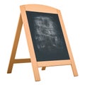 Chalkboard Sign Stand. Wood A Framed Wooden Message Chalk Board. Blank restaurant advertising board, menu blackboard. 3D rendering Royalty Free Stock Photo