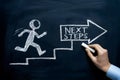 Chalkboard with stick figure and arrow labeled NEXT STEPS, motivational message