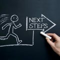 Chalkboard with stick figure and arrow labeled NEXT STEPS, motivational message