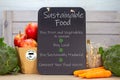 Chalkboard with Sustainable food heading and list of ways eat sustainably Royalty Free Stock Photo