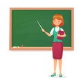 Chalkboard and teacher. Female professor teach at blackboard. Lessons woman teachers at school board cartoon vector illustration