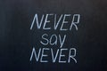 Chalkboard text Never say never. Philosophical lettering