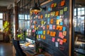 Chalkboard wall with sticky notes and an office chair.