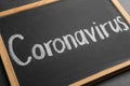 Chalkboard with word CORONAVIRUS on table, closeup
