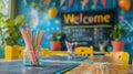 A chalkboard with the word welcome written on it, Concept back to school Royalty Free Stock Photo