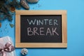 Chalkboard with words Winter Break and Christmas decor on light blue background, flat lay. School holidays Royalty Free Stock Photo