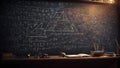 Chalkboard with written signs and numbers. Fictional retro mathematics and physics background. Study and learning idea.