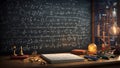 Chalkboard with written signs and numbers. Fictional retro mathematics and physics background. Study and learning idea.