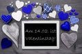 Chalkbord With Many Blue Hearts, Valentinstag Means Valentines Day