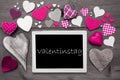 Chalkbord With Many Pink Hearts, Valentinstag Mean Valentines Day