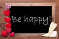 Chalkbord, Red And Yellow Hearts, Text Be Happy