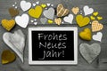 Chalkbord With Yellow Hearts, Neues Jahr Means Happy New Year