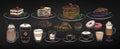 Chalked illustration set of coffee cups and desserts Royalty Free Stock Photo