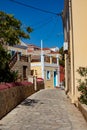 Chalki town center on Chalki island, Dodecanese islands, Greece sunny day Royalty Free Stock Photo