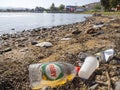 Chalkida, Evia island. July 2019: Panoramic view of the city beach of Liani Ammos with tourists and Gypsies, polluted with garbage