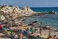 CHALKIDIKI, CENTRAL MACEDONIA, GREECE - AUGUST 26, 2014: Seascape of Orange Beach Kavourotripes at Sithonia peninsula, Chalkidiki