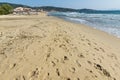 CHALKIDIKI, CENTRAL MACEDONIA, GREECE - AUGUST 26, 2014: Seascape of Sarti Beach at Sithonia peninsula, Chalkidiki Royalty Free Stock Photo