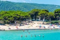 Chalkidiki, Greece - July 2019: Karydi beach in Vourvourou, Sithonia peninsula