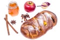 Challah, apple and honey-illustration Rosh Hashanah Jewish New Year on white background Royalty Free Stock Photo