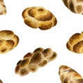 Challah bread watercolor seamless pattern on white with Jewish braided loafs for Shabbat Saturday, kosher bakery