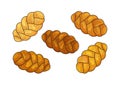 Challah vector set. Holiday jewish braided loaf icons, cartoon shabbat bread. Food illustration