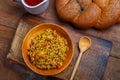 challah, wine, and spelled with vegetables boiled in a wooden plate.