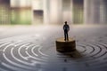 Challenge, Success and Business Vision Concept. present by Miniature Figure of Businessman standing on Money Coin Stack at the ce Royalty Free Stock Photo