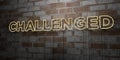 CHALLENGED - Glowing Neon Sign on stonework wall - 3D rendered royalty free stock illustration