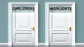Challenges and highlights as a choice - pictured as words Challenges, highlights on doors to show that Challenges and highlights