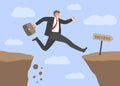 Challenges and success . Businessman Jumping over the abyss. Concept of business risks, overcoming obstacles in work