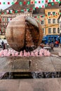 CHALON SUR SAONE, FRANCE- On the St. Vincent square a fountain in the shape of a split ball called `The Way of Life` from which ca Royalty Free Stock Photo