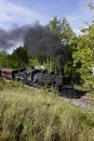 Chama, New Mexico, USA September 28, 2021: Cumbres and Toltec Scenic Railroad with smoke billowing from the steam engine Royalty Free Stock Photo