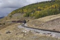 Chama, New Mexico, USA September 28, 2021: Cumbres and Toltec Scenic Railroad winding along the tracks