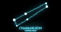 Chamaeleon constellation. Light rays, laser light shining blue color. Stars in the night sky. Cluster of stars and galaxies.