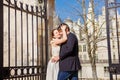 Chambord Castle, France. pair of lovers, newlyweds standing at gate to Palace