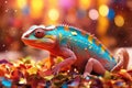 Chameleon on the background of festive tinsel, confetti and sparkles. Generative AI