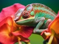 Chameleon on the background of a flower close-up.