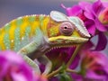 Chameleon on the background of flowers close-up portrait.