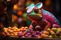 Chameleon on a background of multi-colored dragee candies. Candy store, breakfast cereal