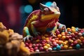 Chameleon on a background of multi-colored dragee candies. Candy store, breakfast cereal